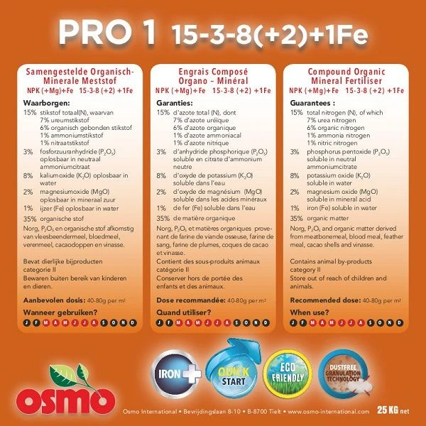PRO 1 NPK 15-3-8(+2)MgO +1Fe OSMO 25kg - Gazon Onderhoud 2 PRO 1 NPK 15-3-8(+2)MgO +1Fe OSMO 25kg - Gazon Onderhoud - Afbeelding 2